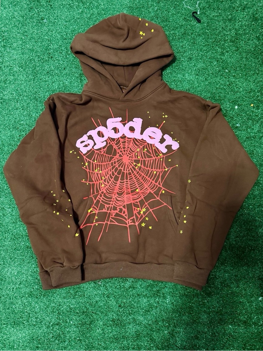 Brown Graphic Hoodie Jacket with Pink 'sp5der' Print